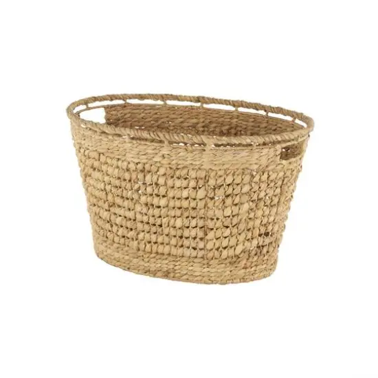 30" Brown Seagrass Handmade Woven Oval Storage Basket with Elevated Rim & Slot Handles {7}