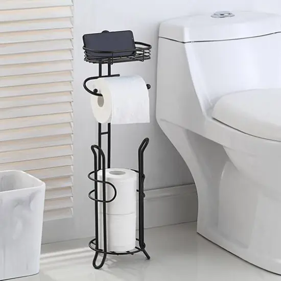 SunnyPoint 26" Black Bathroom Toilet Tissue Paper Roll Storage Holder Stand with Reserve & Shelf {5}
