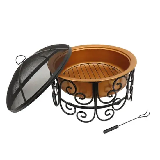 30" Deep Bowl Copper Fire Pit with Stand & Screen {5}