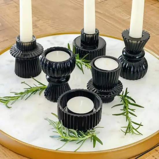 Kate Aspen&reg; Assorted Vintage Ribbed Black Glass Candlestick Candle Holder Set {1}