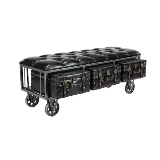 Industrial Rectangular Black Faux Leather and Wood Storage Bench, 19" x 47" x 16" {3}