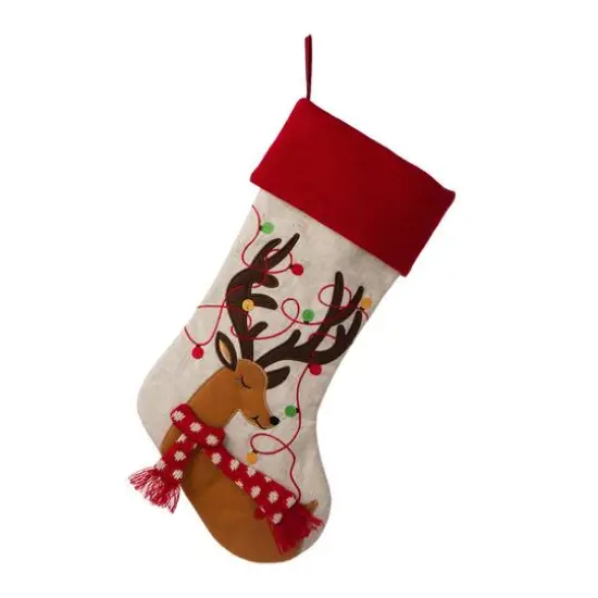 Glitzhome&reg; 21" LED Embroidered Reindeer Linen Christmas Stocking {1}