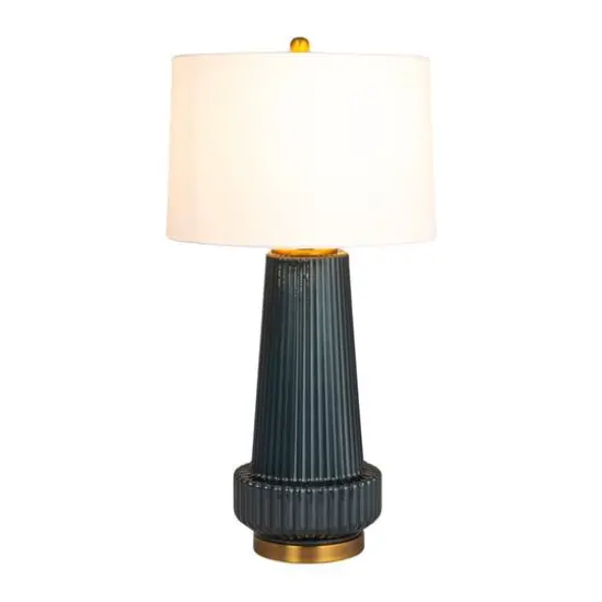 Hello Honey&reg; Blue Stone Glaze Tall Glass Table Lamp with Cream Tapered Drum Shade {8}