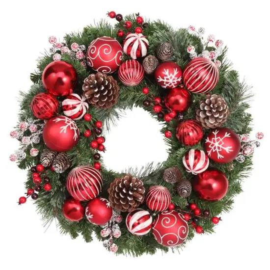 Haute Decor 26" Pre-Lit Holiday Times Red & White Ornament, Berry & Pinecone Wreath, Soft White LED Lights {5}