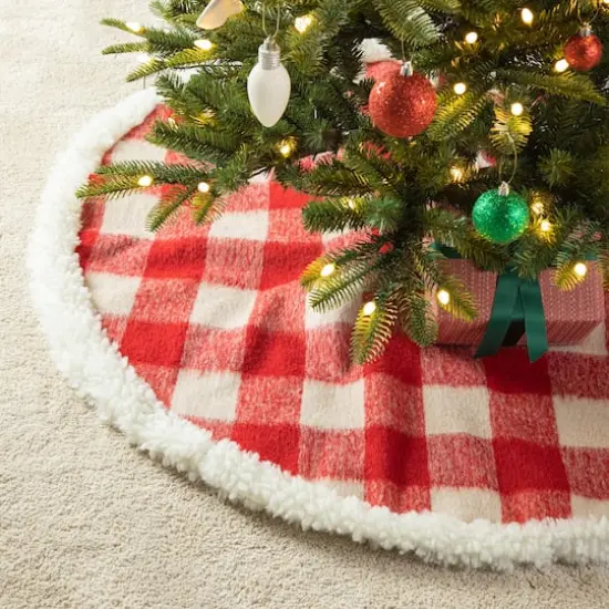 Glitzhome&reg; 4ft. Red & White Plaid Reversible Sherpa & Flannel Christmas Tree Skirt {3}
