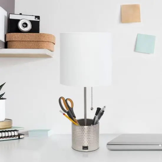 Simple Designs 18.5" Hammered Metal Container Base Table Lamp with USB Charging Port White/Brushed Nickel {5}