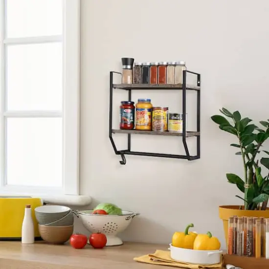 2-Layer Wall Mounted Rustic Shelves with Iron Towel Bar Brown {7}