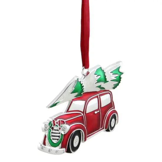 3" Red & White Car with Tree Christmas Ornament {3}