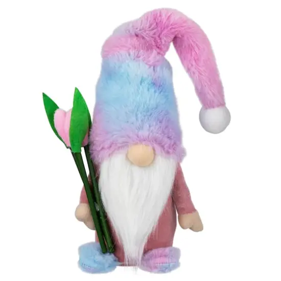 15" Purple & Blue Gnome Boy with Tulips Spring Figurine {1}