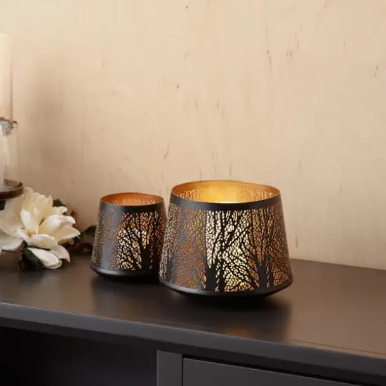 Black Tapered Punched Metal Candle Holder Set, 5" & 6" {5}