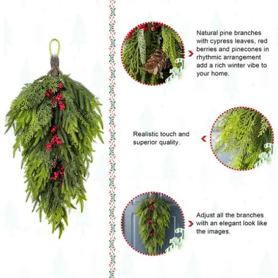 Glitzhome&reg; 31.5"H Christmas Greenery PE Teardrop with Pinecones and Red Berries {7}