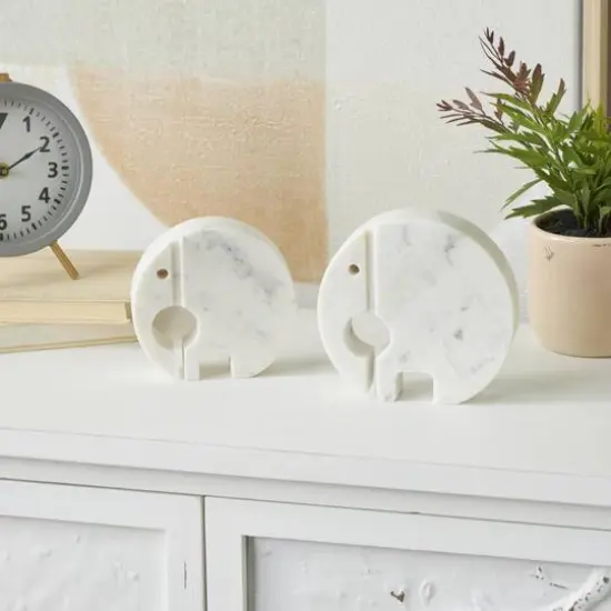 White & Gray Circular Abstract Marble Elephant Sculpture Set {9}
