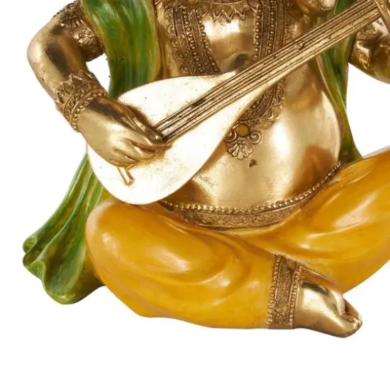 10.75" Gold Ganesh Musician Decorative Sculpture with Green, Yellow, and Red Accents {6}