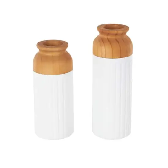 White & Brown Grooved Texture Metal & Wood Vase Set {1}
