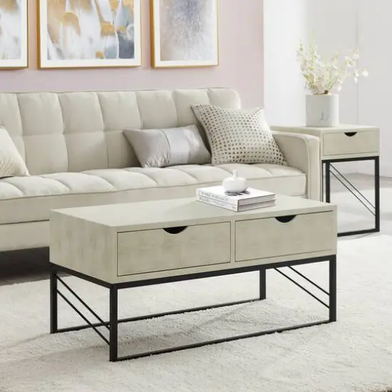 Off White 2-Drawer Faux Shagreen Coffee Table {5}