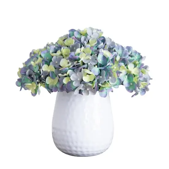 11" Blue Hydrangea Arrangement in White Metal Vase {1}