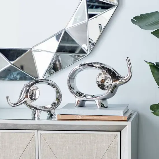 7" Silver Porcelain Elephant Sculpture Set {7}