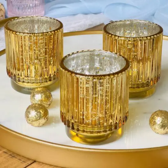 Kate Aspen&reg; Gold Vintage Ribbed Glass Tealight Votive Candle Holder Set {12}