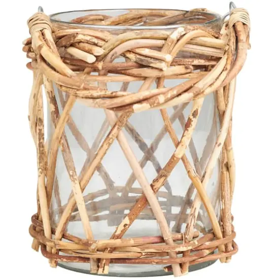 9" Clear Glass Handmade Candle Lantern with Brown Rattan Woven Exterior & Twisted Handle {5}