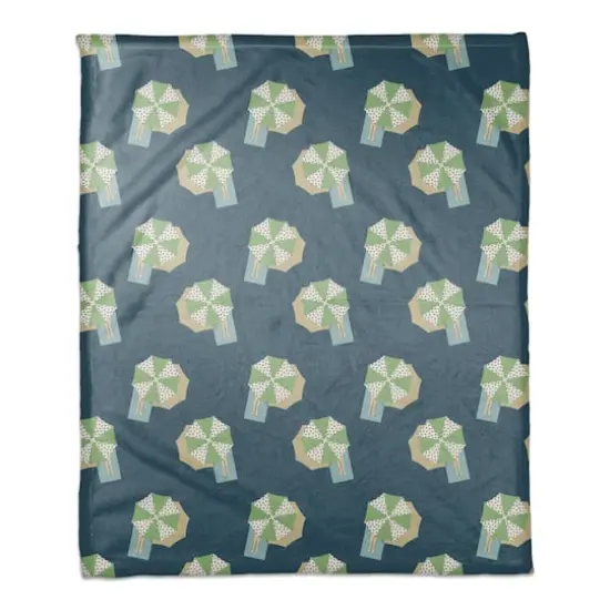 Umbrella Pattern Coral Fleece Blanket Navy/Green {1}