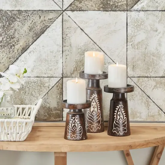 Mango Wood Round Carved Pillar Floral Candle Holder Set Dark Brown {3}