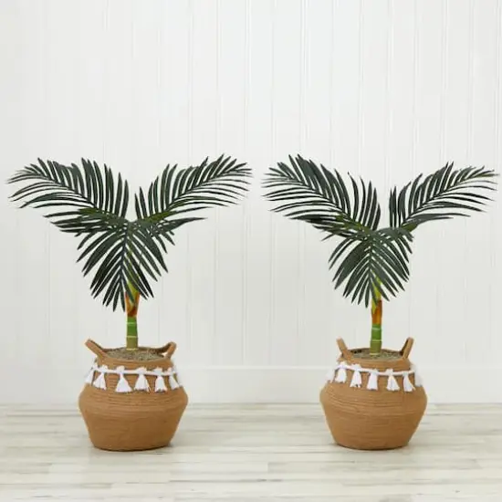 3ft. Artificial Golden Cane Palm Tree with Handmade Jute & Cotton Basket with Tassels {4}
