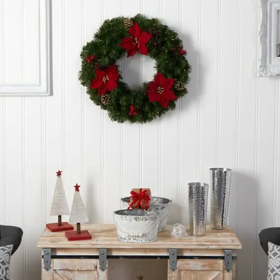 24" White LED Lights Poinsettia, Berry & Pinecone Artificial Wreath {8}