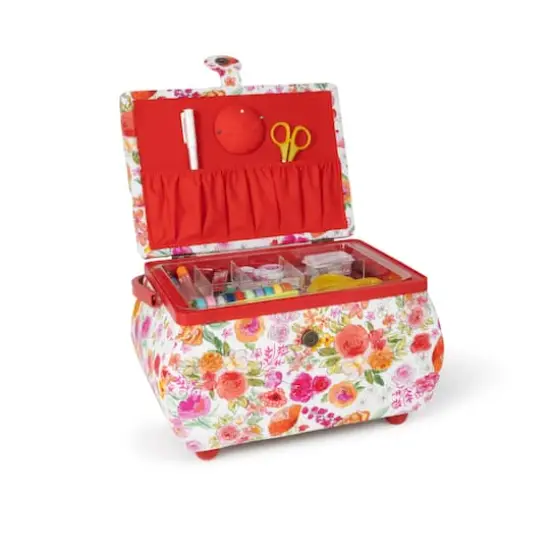 Dritz&reg; Large Red & White Floral Curved Sewing Basket {5}
