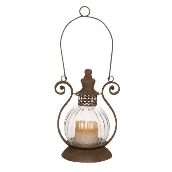 11" Brown Iron Rustic Candle Holder Lantern {1}