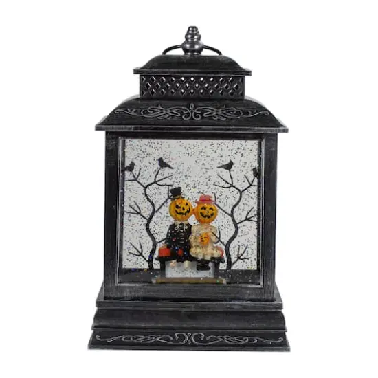 11.5" Black Lighted Halloween Snow Globe Lantern With Pumpkin Couple {1}