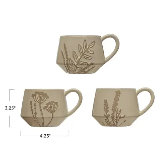 Hello Honey&reg; Matte White Wax Relief Botanical Image Reactive Glaze Stoneware Mug Set {1}
