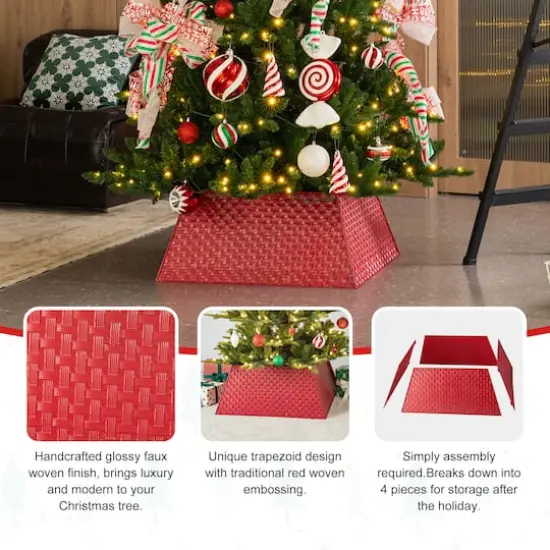 Glitzhome&reg; 25.75" Red Trapezoid Metal Weave Tree Collar {8}