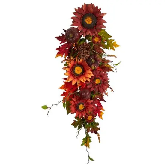 35" Sunflower, Pumpkin & Berries Autumn Teardrop Swag {1}