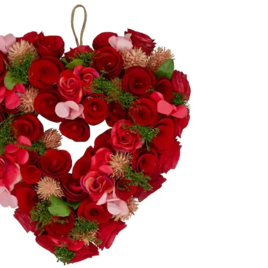 Red and Pink Wooden Rose Valentine's Day Artificial Spring Wreath 13.5" {4}