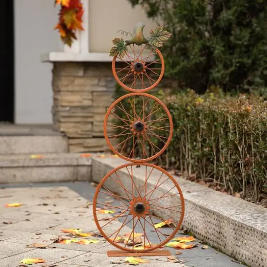 Glitzhome&reg; 33.25" Fall Metal Bicycle Wheel Pumpkin Porch D&eacute;cor {5}