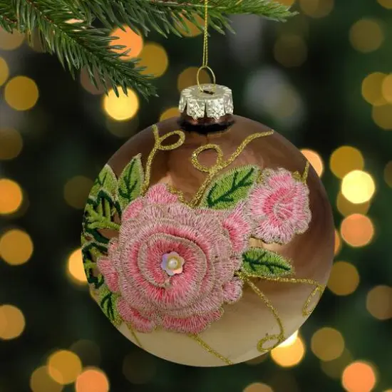 5" 2-Finish Brown & Pink Floral Applique Glass Ball Ornament {5}