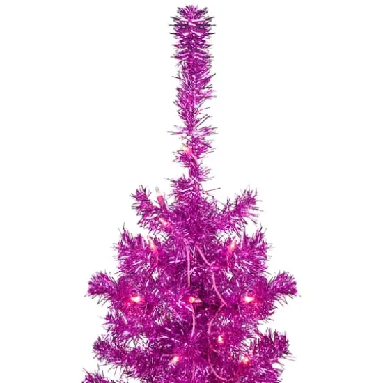 6ft. Pre-Lit Pink Tinsel Artificial Christmas Tree, Clear Lights {5}