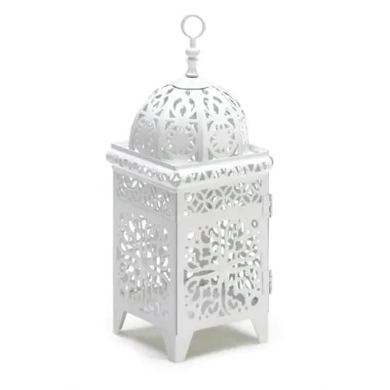 10.75" White Scrollwork Candle Lantern {1}