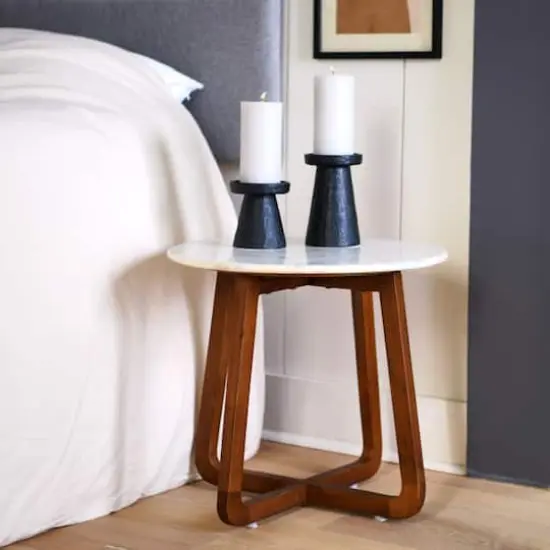Hello Honey&reg; Modern Bohemian Marble & Wood Round End Table Walnut Finish {5}