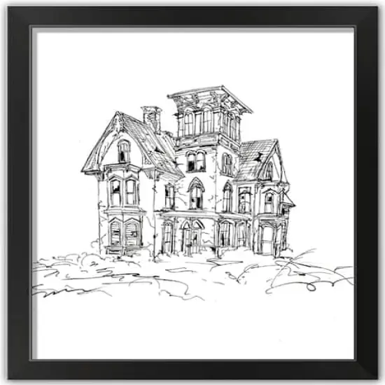 Haunted House Sketch Halloween Print in Black Frame {1}
