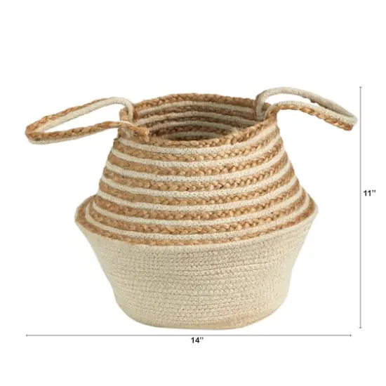 14'' Cream & Natural Cotton & Jute Boho Chic Belly Basket Planter {5}