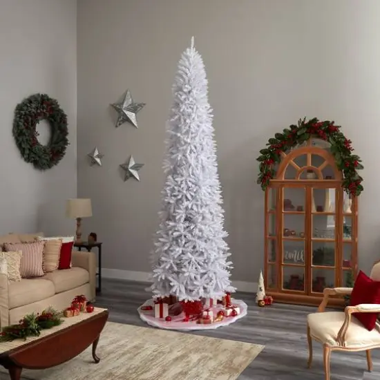 11ft. Pre-Lit Slim White Artificial Christmas Tree, Warm White LED Lights {11}