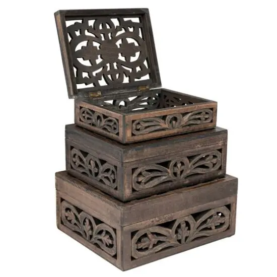 Hello Honey&reg; Espresso Carved Reclaimed & Mango Wood Nesting Boxes Set {8}