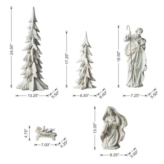 Glitzhome&reg; 5-Piece White & Gold Resin Holy Family with Christmas Trees Set {9}