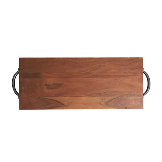 28" Brown Wood Tray with Black Metal Handles {5}