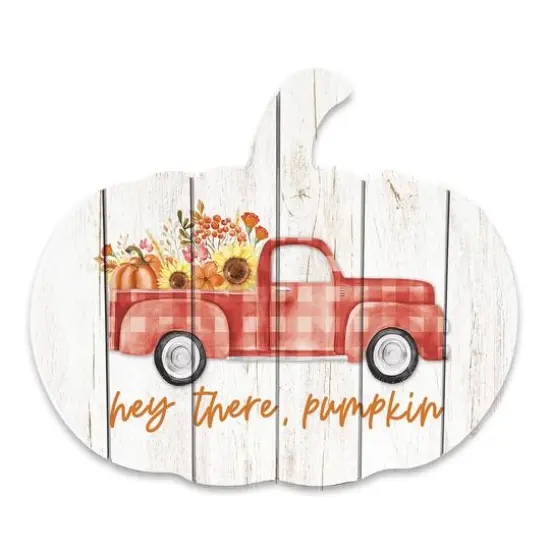 Fall Red Plaid Truck 15" x 17.25" Pumpkin Shaped Pallet Wood {1}
