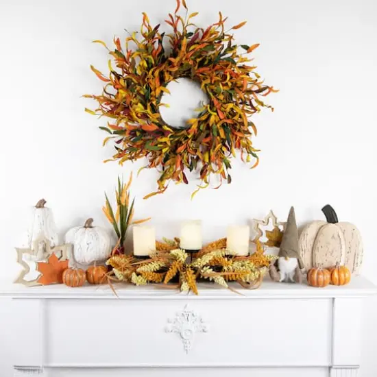 22" Autumn Harvest Triple Candle Holder with Artificial Fall Foliage {3}