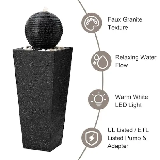 Glitzhome&reg; Modern LED Black Geometric Pedestal & Sphere Outdoor Floor Fountain {8}