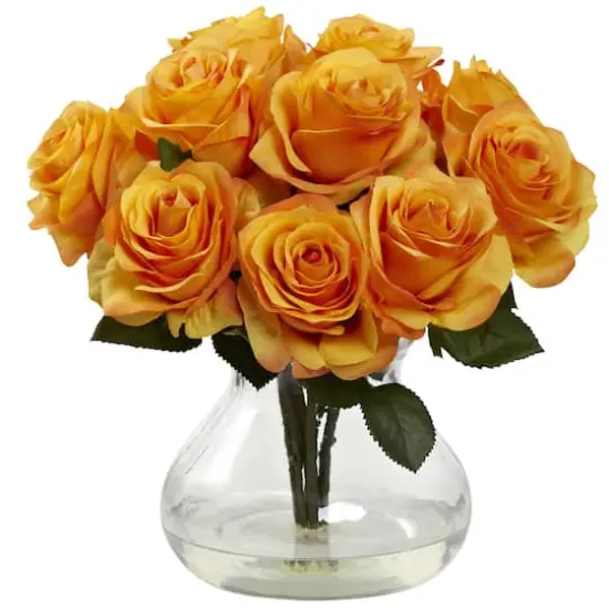 11" Orange Rose Arrangement with Clear Glass Vase {1}