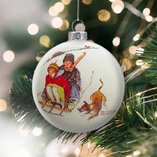 3" Norman Rockwell Young Love: Sledding Glass Disc Ornament {3}